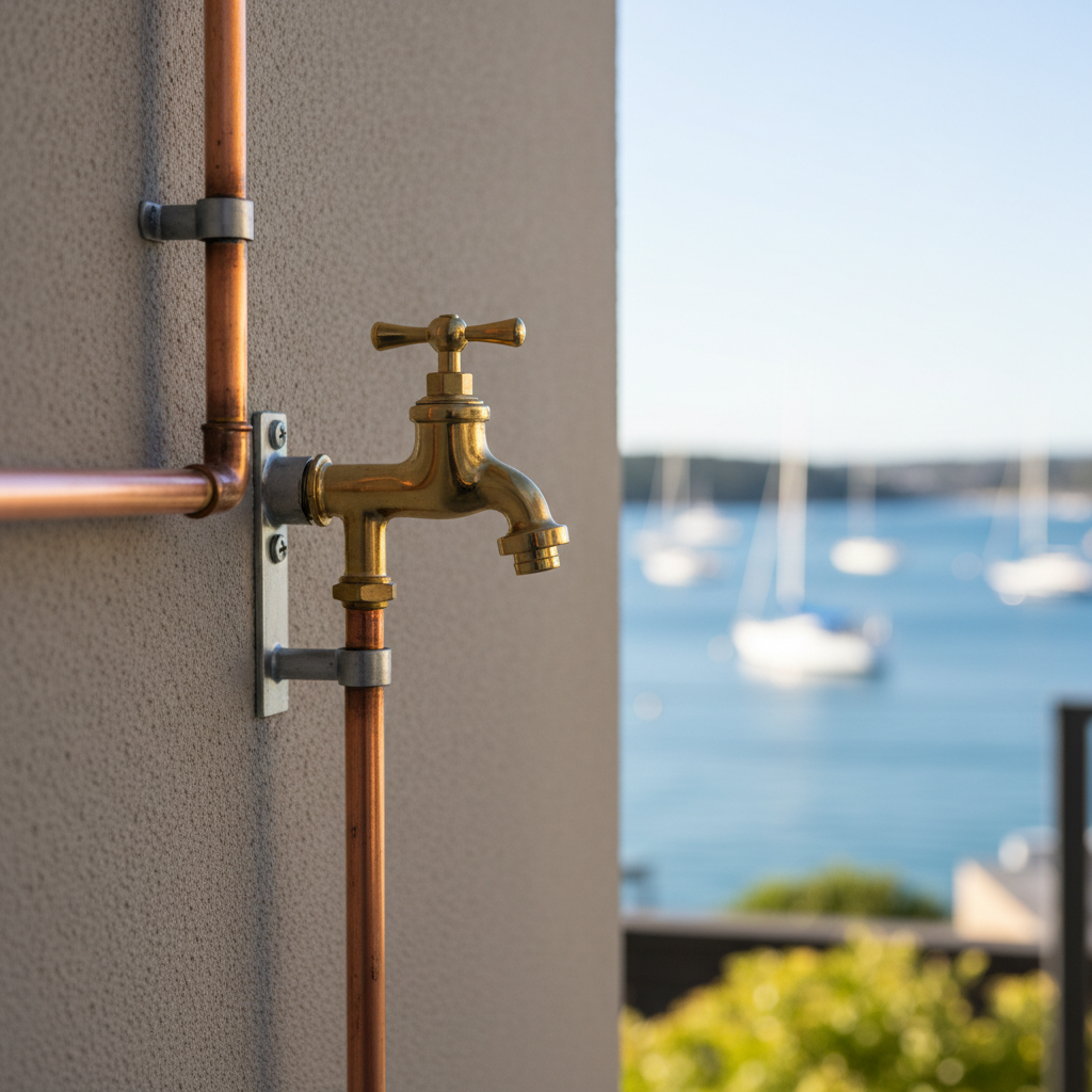 A detailed close-up, photographic shot of a sturdy outdoor tap and exposed copper pipework mounted on a freshly rendered coastal home wall, with glimpses of Nelson Bay’s blue water and moored boats blurred in the background. The tap and pipes are perfectly aligned, with smooth solder joints and secure brackets demonstrating high-quality plumbing workmanship. The textured render is painted a soft warm grey, contrasting with the metallic copper and brass tones. Late-morning sunlight creates delicate highlights along the pipe edges and subtle shadows on the wall, giving a sense of depth. Composed using the rule of thirds with a shallow depth of field, the background gently falls into bokeh, creating a calm, confident mood. The style is realistic and professional, ideal for showcasing exterior plumbing services in the region.