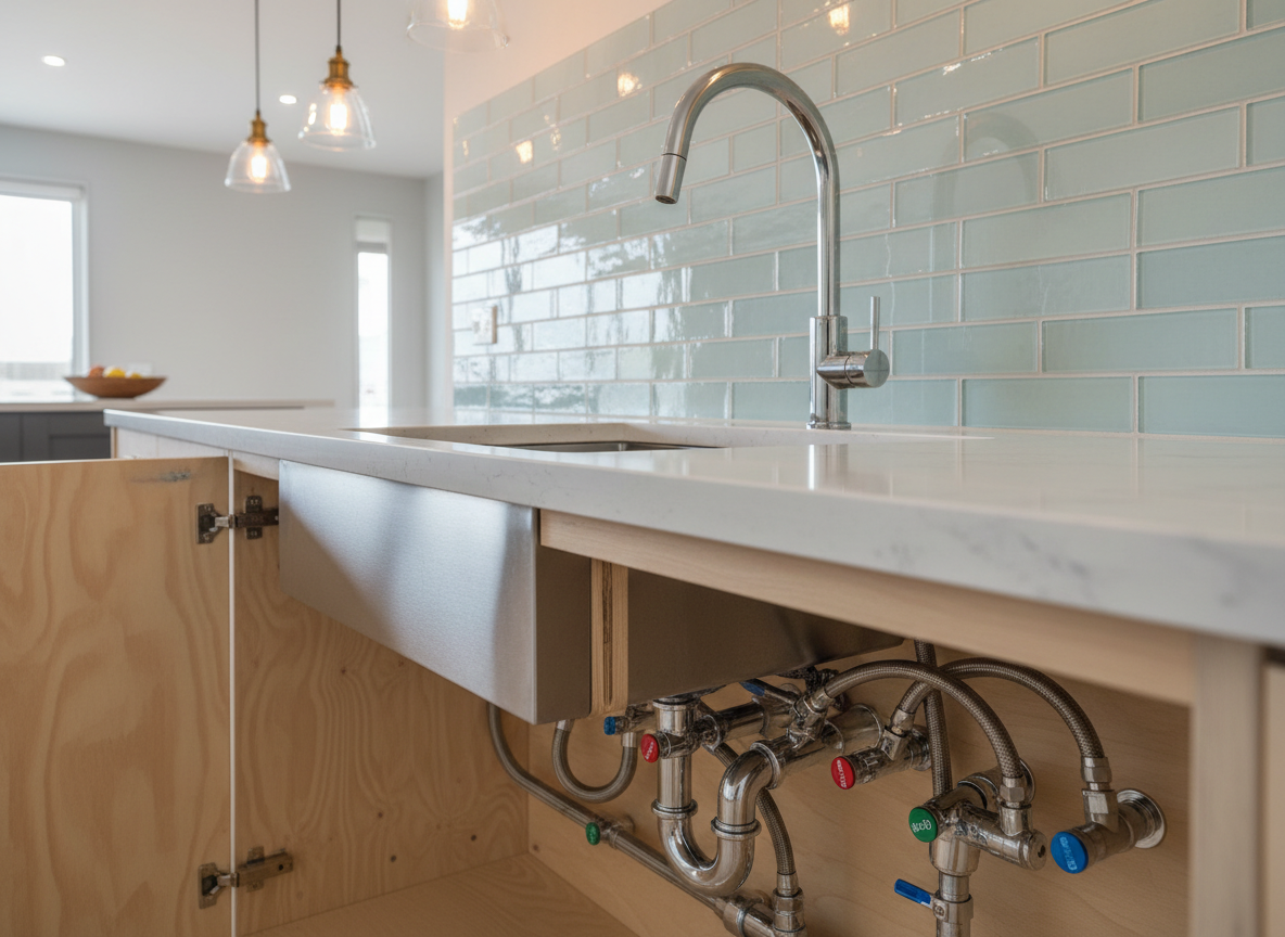 A crisp, photographic close-up of a modern kitchen sink installation in a custom home, featuring an undermount stainless-steel sink set into a light quartz benchtop, with a sleek gooseneck mixer tap and subtle coastal-style subway tiles in pale blue behind. Inside the under-sink cabinet, neatly arranged flexible hoses, shutoff valves, and traps are visible, all meticulously installed and labeled with color-coded markers instead of text to suggest organization and professionalism. Soft, warm pendant lighting from above creates gentle reflections on the metal surfaces and a cozy yet high-end feel. The composition uses a slightly low, close angle that focuses on the junction between cabinetry and plumbing, keeping the background softly blurred. The mood is polished, functional, and reassuring, ideal for highlighting detailed plumbing craftsmanship.