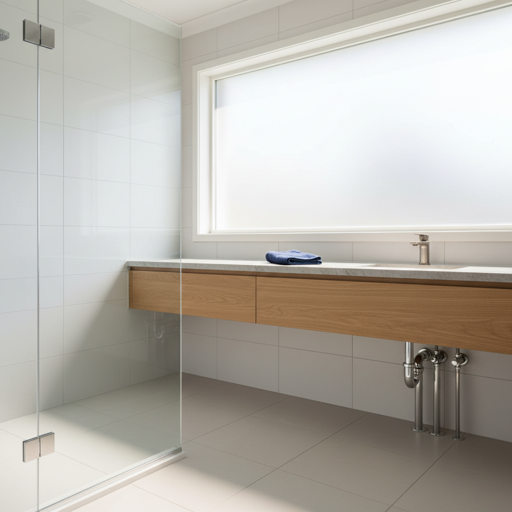 A bright, photographic interior of a newly finished custom bathroom in Port Stephens, featuring a frameless glass shower, large-format matte white tiles, and a floating Tasmanian oak vanity with a stone benchtop. Under the vanity, chromed plumbing is visible and meticulously installed, with neatly aligned shutoff valves and polished pipework suggesting expert plumbing services. A folded navy towel and a brushed nickel mixer tap add subtle contrast. Natural light pours in from a frosted window, creating soft reflections on the glass and ceramic surfaces, with gentle shadows adding depth. Captured from a slightly elevated angle with moderate depth of field, the composition highlights both the craftsmanship and the plumbing details. The atmosphere is fresh, hygienic, and professionally finished, in crisp photographic realism suited for a services overview section.