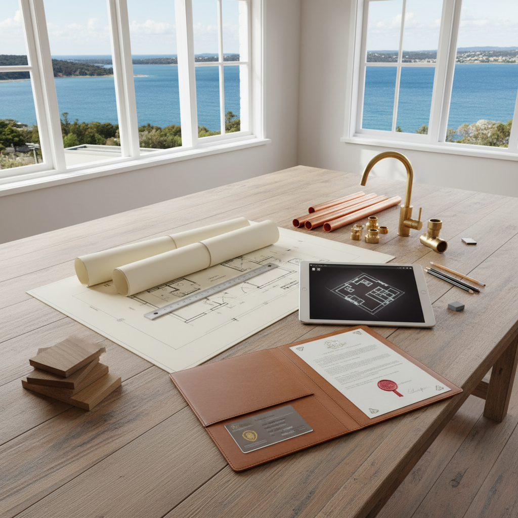 A clean, photographic overhead view of a large wooden drafting table set up in a tidy office near Port Stephens, dedicated to bespoke building and plumbing projects. Spread across the table are rolled architectural plans, a metal scale ruler, a tablet showing a floor plan interface without visible text, and a leather folder partially open to reveal certification-style documents and a plastic license card, all arranged to imply licensing and qualifications. Alongside them sit neatly organized plumbing fittings, a brass mixer, and small timber samples, showing the blend of building and plumbing services. Soft diffused daylight from a nearby window creates even lighting with gentle shadows from each object. The composition is carefully balanced, creating a calm, organized, and highly professional mood in realistic photographic style, ideal for an “About & Qualifications” section.