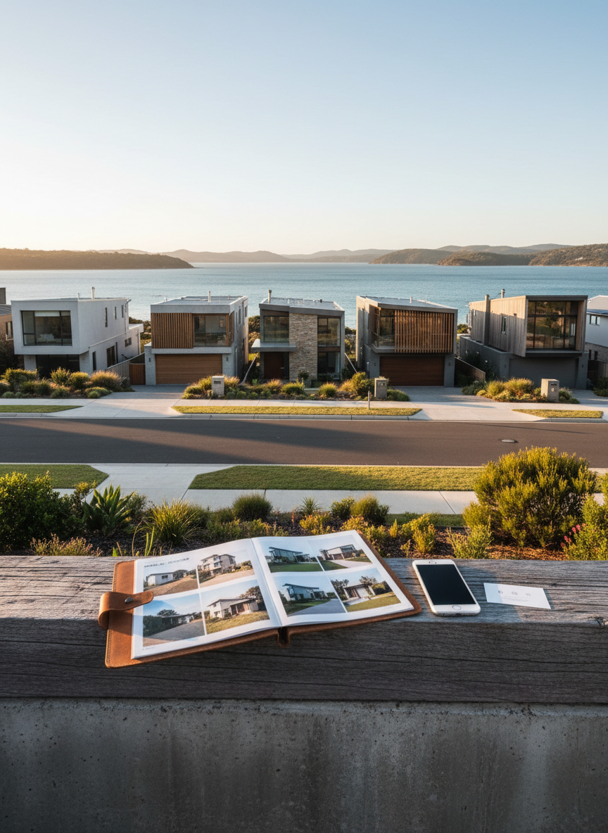A panoramic, photographic view of a Port Stephens coastal street with a series of well-maintained contemporary homes, each featuring distinct façades that hint at bespoke construction. In the foreground, on the sidewalk, an open project folder rests on a low retaining wall, revealing printed before-and-after style photo panels that illustrate a portfolio of renovations and new builds, but without legible text. A smartphone and a simple card with generic contact icons lie beside it, suggesting easy communication. Late-afternoon sunlight creates a soft golden hue over the homes and casts elongated shadows, with the bay and distant headlands faintly visible in the background. Captured from a slightly elevated angle with sharp focus, the image feels aspirational yet real, perfect for a portfolio or “Our Work in the Community” page.