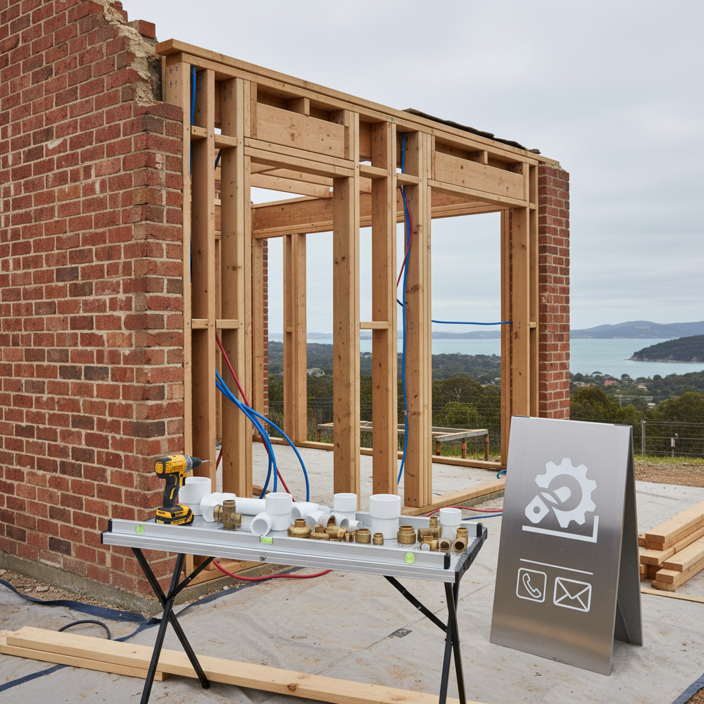 A realistic, photographic scene of a tidy on-site setup for a renovation in the Nelson Bay area, showing the corner of an existing brick home opened up and framed with new structural timber. On a portable workbench sit a cordless drill, a level, and an organized array of plumbing fittings and PVC pipes, clearly showing the integration of building and plumbing services. A clean metal signboard leans against the bench, featuring an abstract logo-like graphic and generic icons for phone and email to imply contact information, but no actual text. Overcast daylight creates soft, even illumination with minimal harsh shadows, emphasizing clarity and detail. Shot at eye level with moderate depth of field, the mood is practical, reliable, and hands-on, ideal for a “Services on Site” or “How We Work” section.