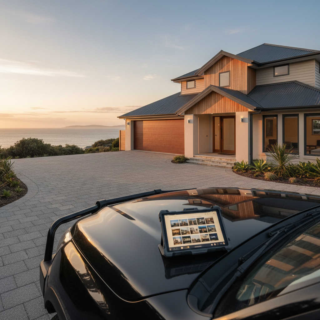A cinematic, photographic wide shot of a completed bespoke coastal home overlooking Port Stephens, captured from the driveway at a low angle to emphasize solid construction. The house features a mix of rendered walls, timber cladding, and a metal roof, with a double garage and a neatly paved entrance. In the foreground, a subtle portfolio display is suggested with a sturdy tablet resting on the bonnet of a parked work ute, its screen glowing with multiple small image thumbnails of different projects, but no readable text. Early evening golden-hour light bathes the scene, casting long soft shadows and giving the sky a warm gradient. The composition uses the rule of thirds with sharp focus, creating a proud, aspirational, yet grounded mood, perfect for a portfolio or recent projects page.
